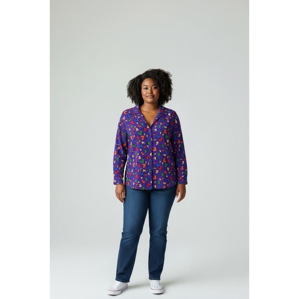 Chaus Vintage long-slv blouse purple colorful, multi-colored heart pattern Sz.6